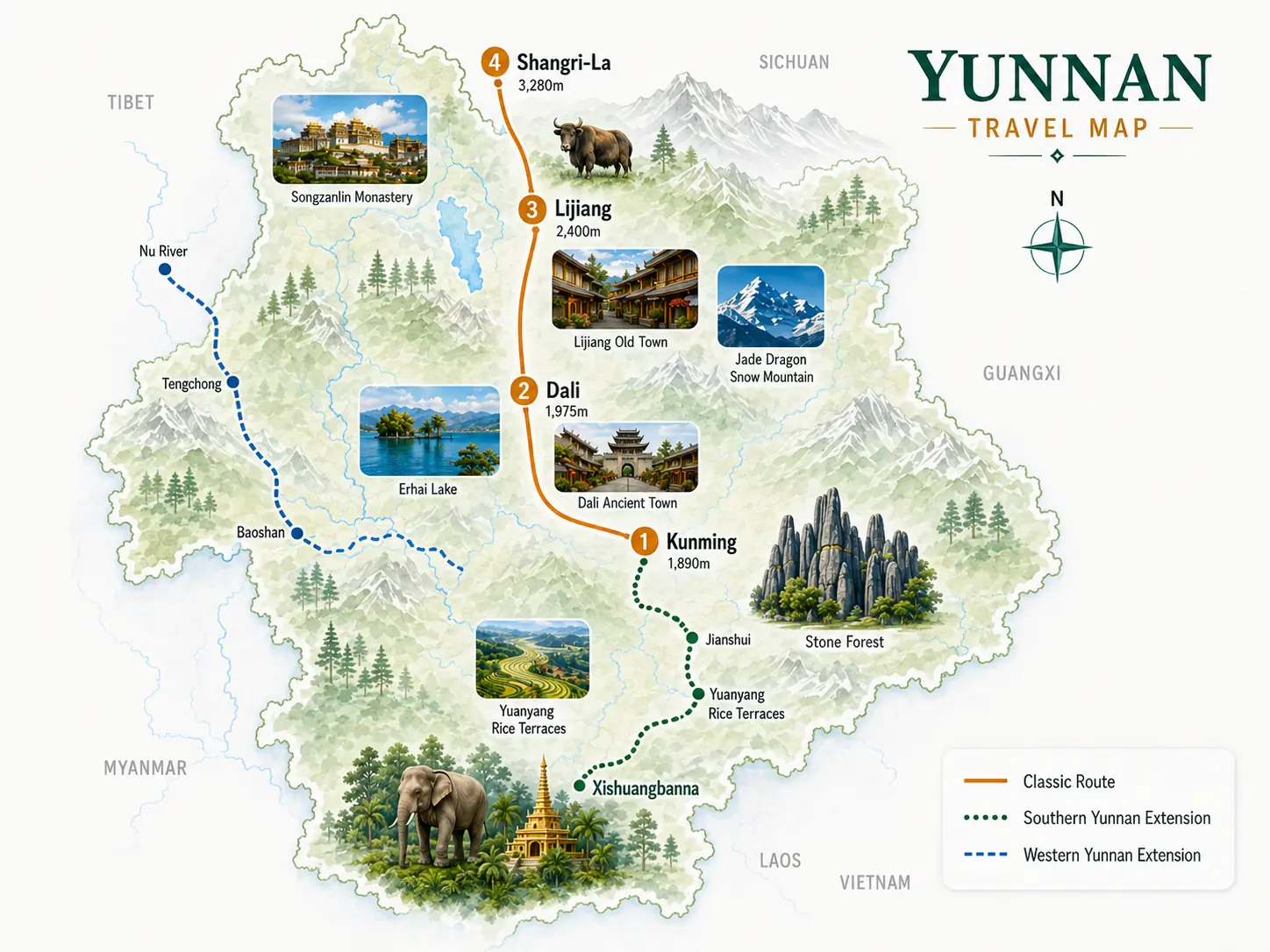 Yunnan travel map showing classic northwest, southern and western travel routes