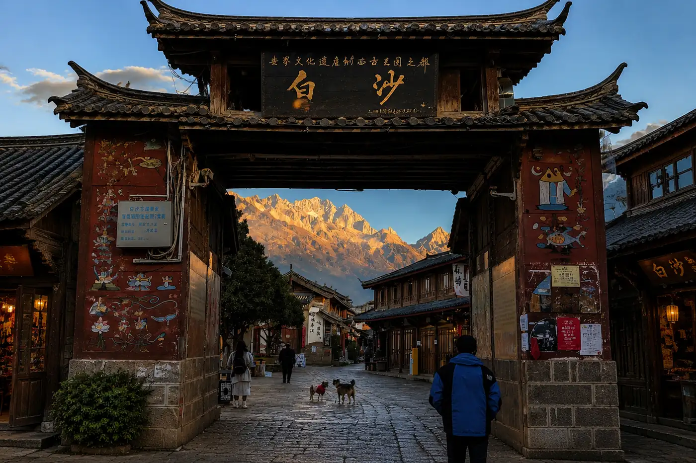 Entrance to Baisha Ancient Town with Jade Dragon Snow Mountain near Lijiang