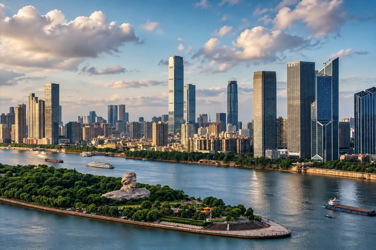 Changsha skyline and Orange Island beside the Xiang River