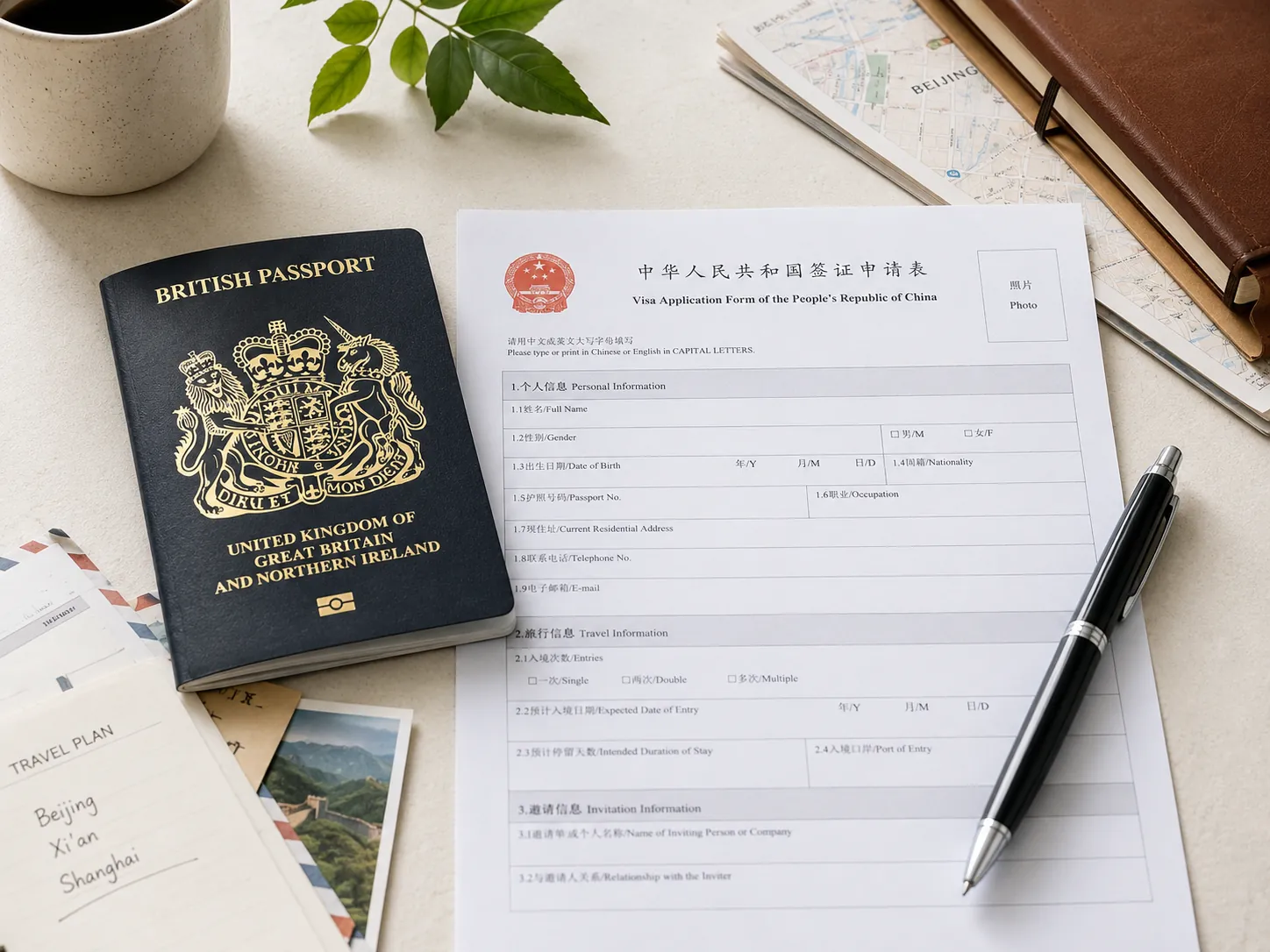 Passport and China visa application documents prepared for submission
