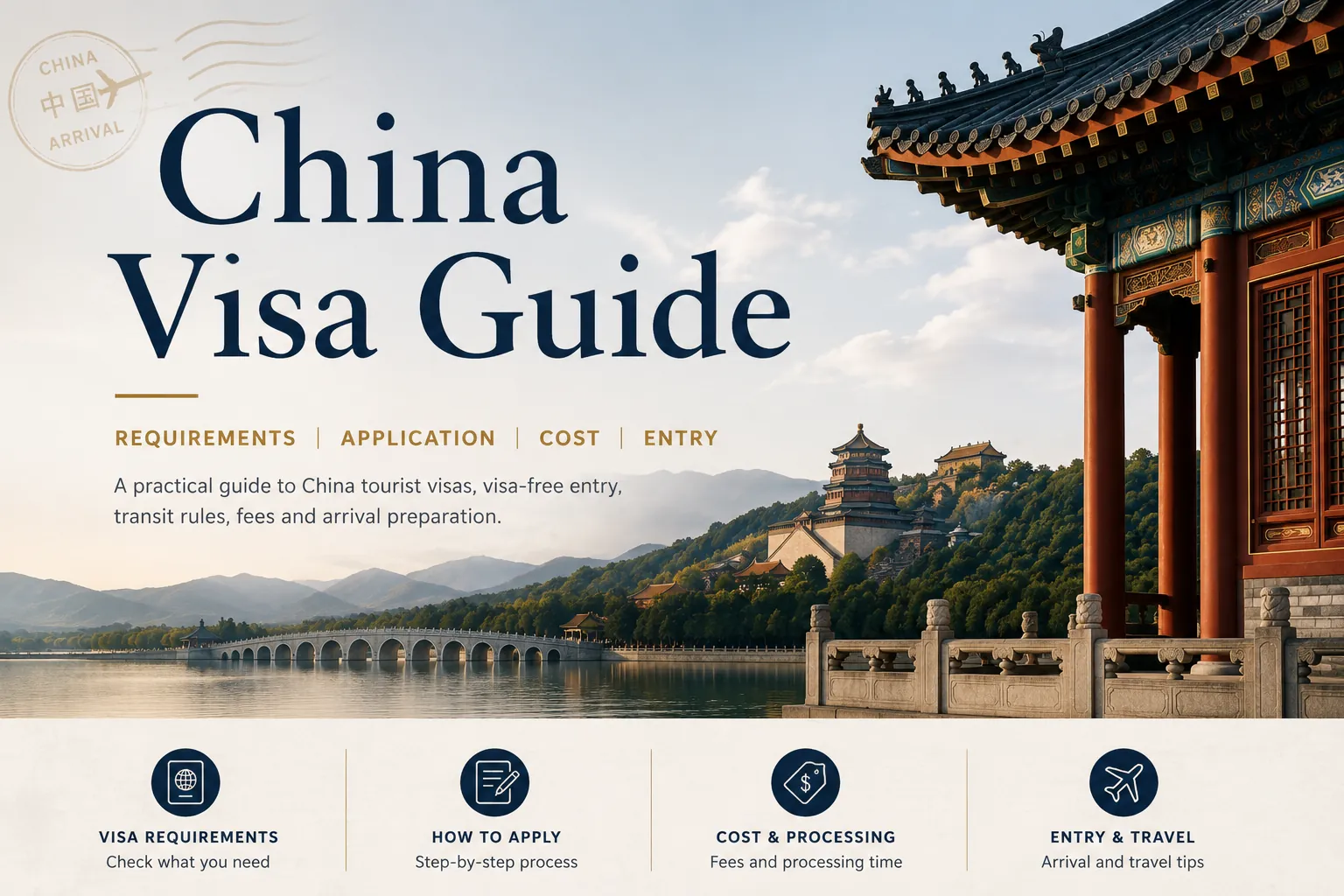 Traditional Chinese architecture, lake and mountain scenery for the China Visa Guide