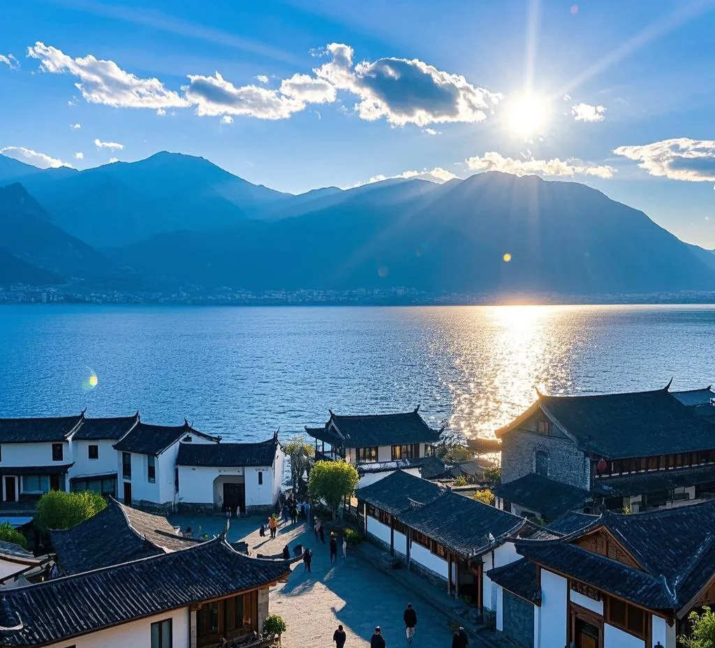 Lakeside village and Erhai Lake beneath the mountains near Dali, Yunnan