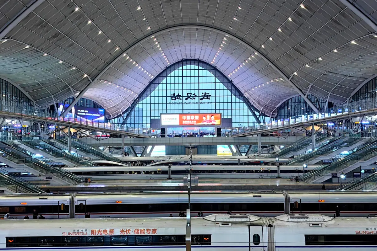 High-speed trains inside a major railway station in China