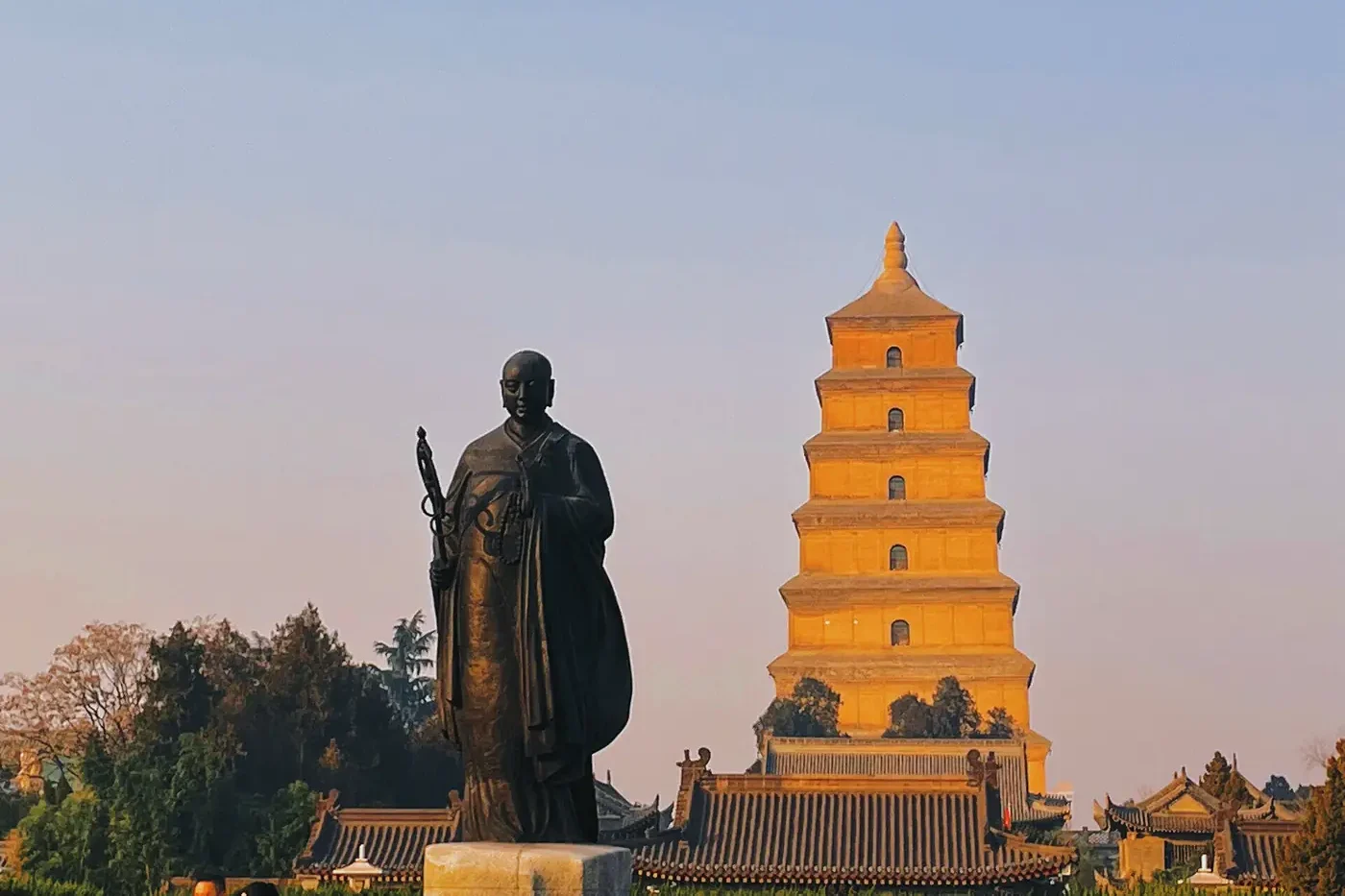 Giant Wild Goose Pagoda and Xuanzang statue in Xi'an