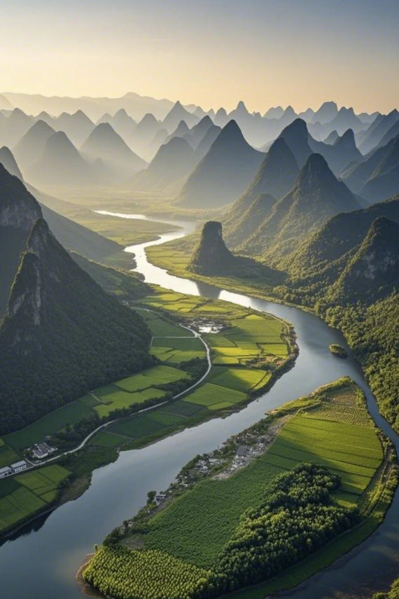 Winter karst mountain and river landscape in Guilin