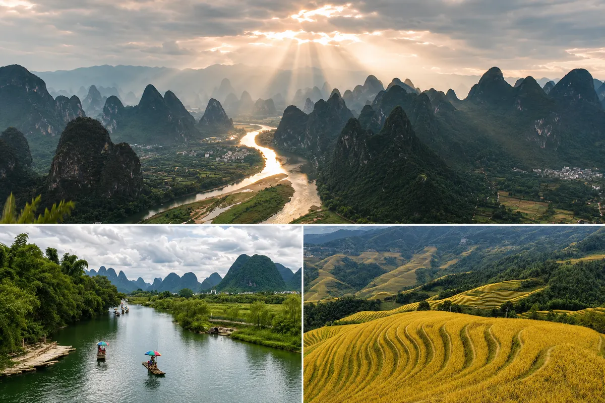 Li River and karst mountain scenery across the Guilin region