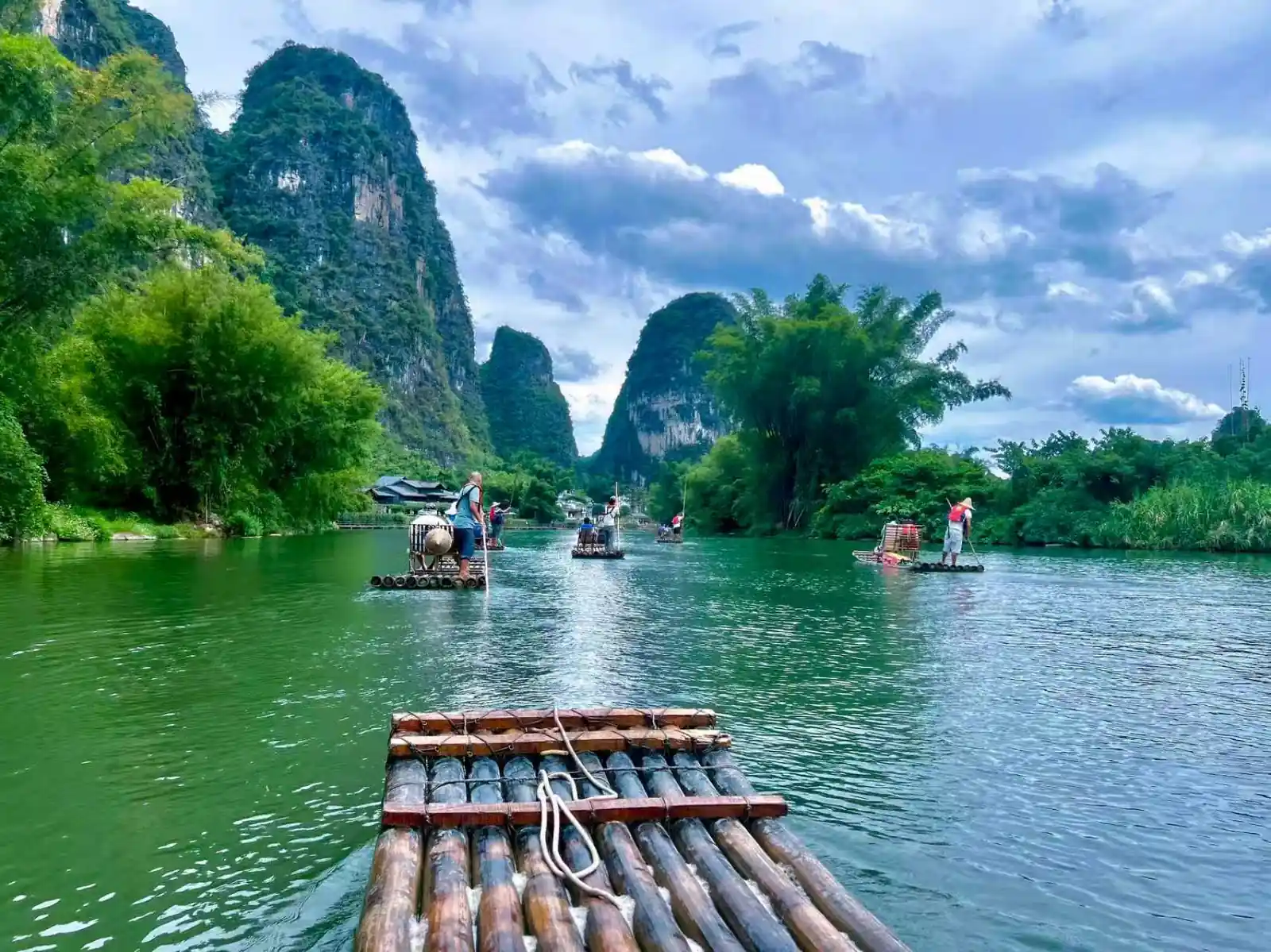 Bamboo rafting among karst mountains near Yangshuo