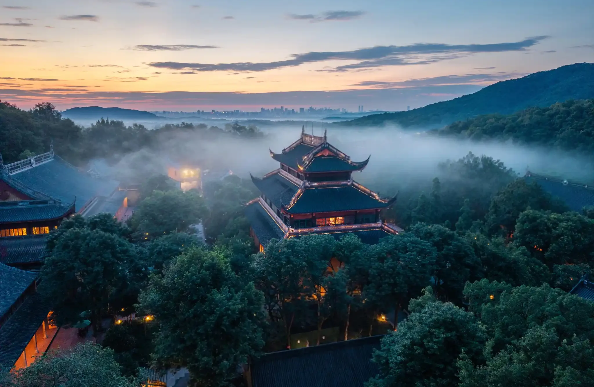 Lingyin Temple in Hangzhou surrounded by wooded hills