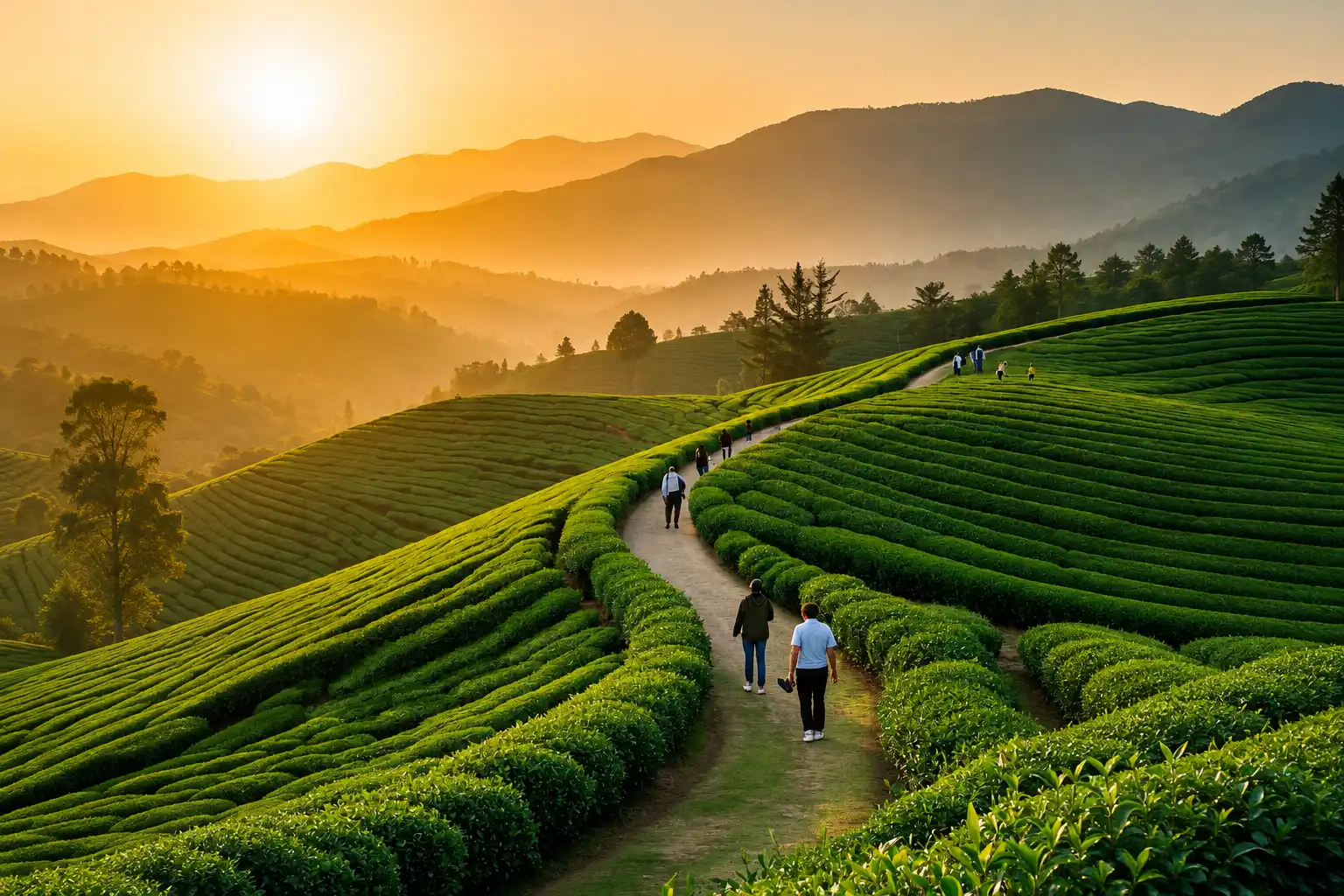 Longjing tea fields in the green hills of Hangzhou