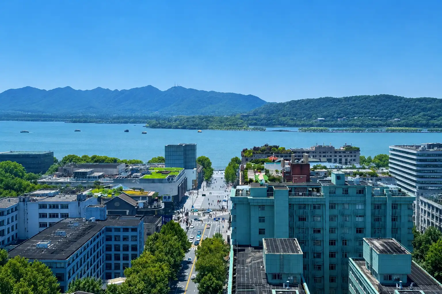 Hotels and city streets near West Lake in Hangzhou