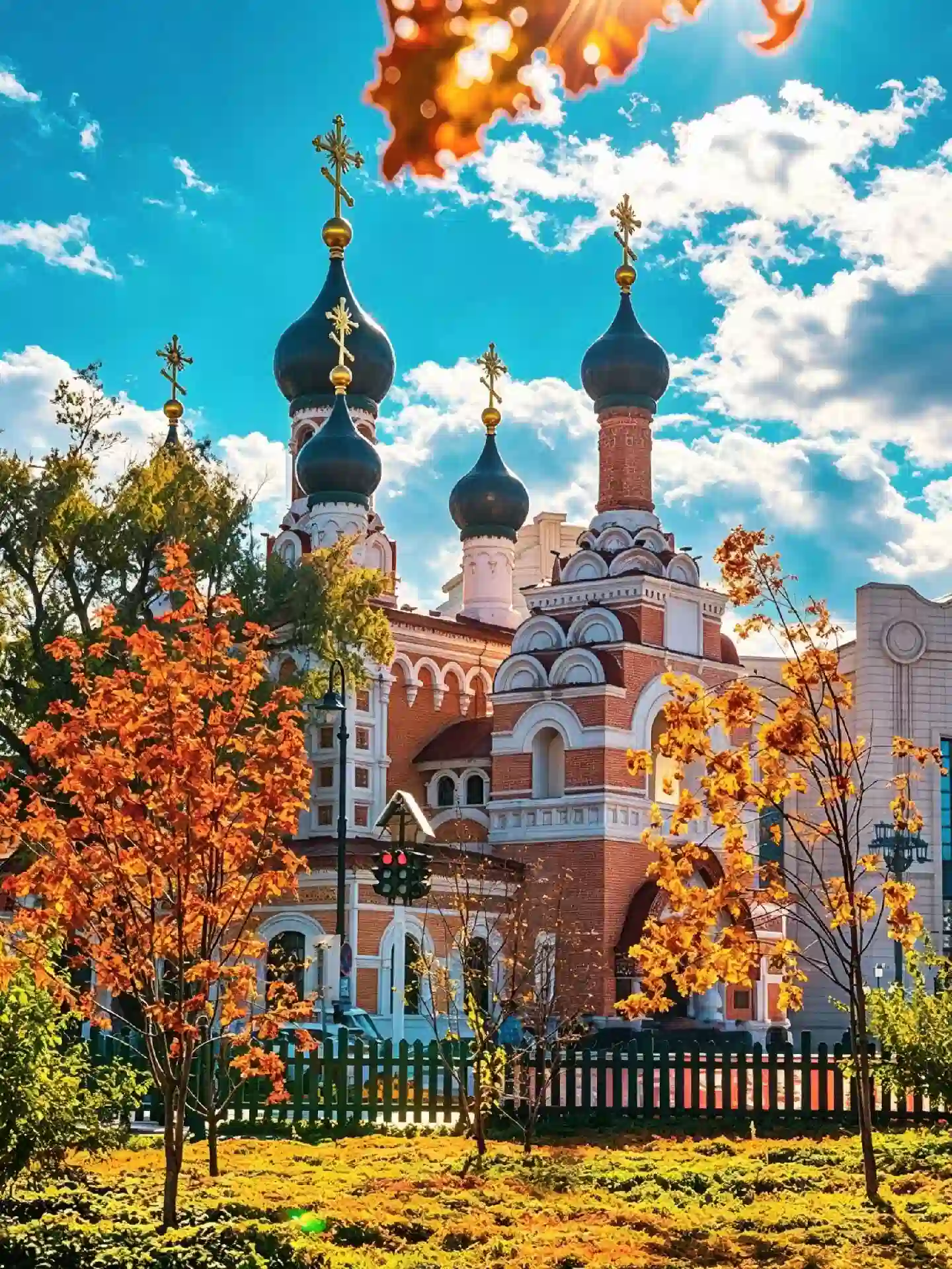 Historic Orthodox church surrounded by autumn foliage in Harbin