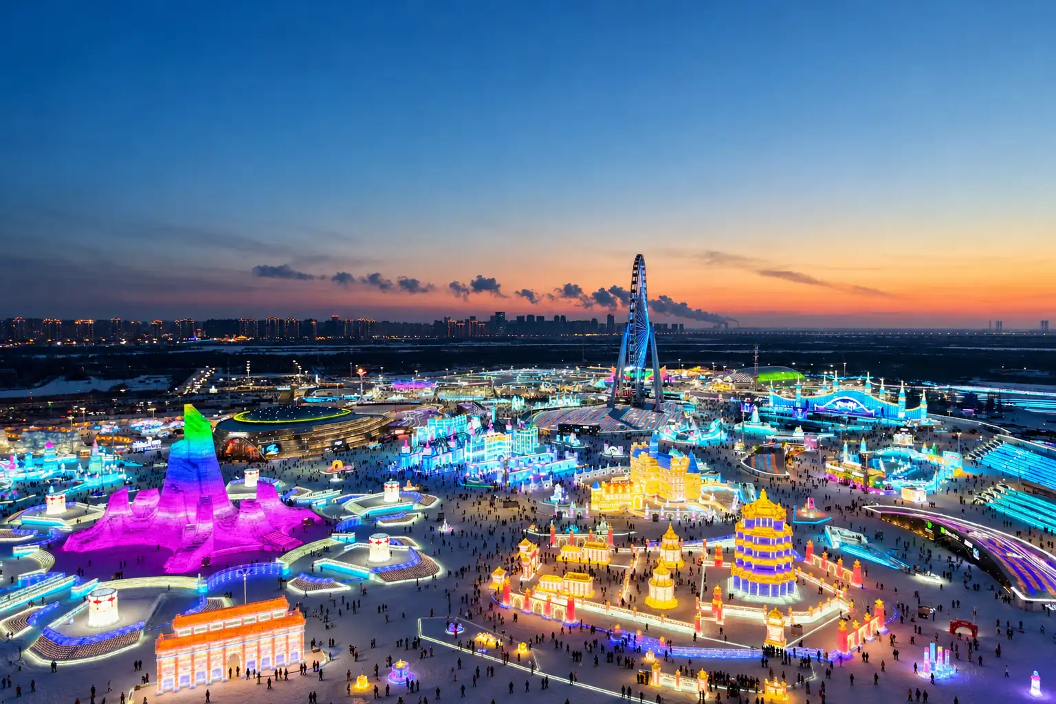 Illuminated ice buildings at Harbin Ice and Snow World