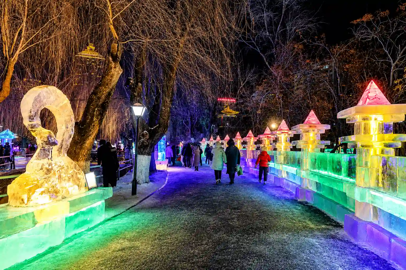 Illuminated winter ice lantern displays at Zhaolin Park in Harbin