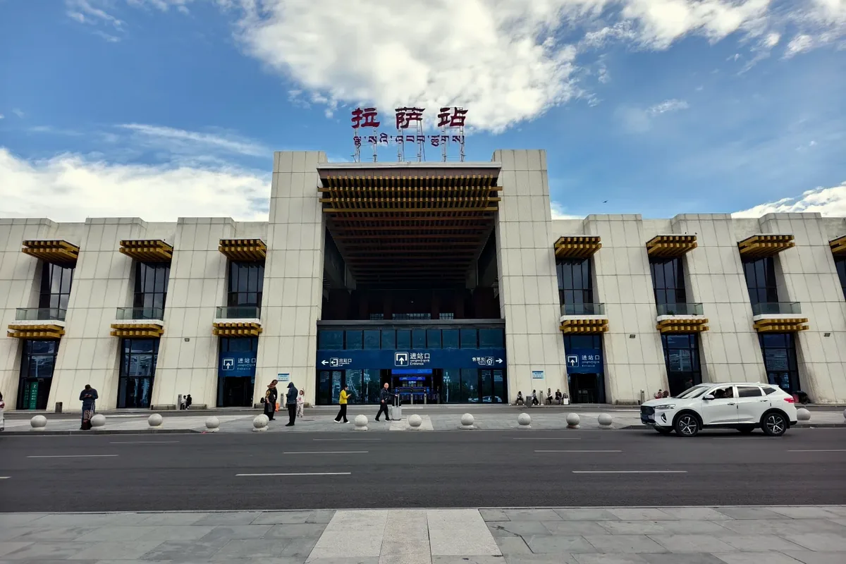 Lhasa city and mountain scenery on arrival in Tibet