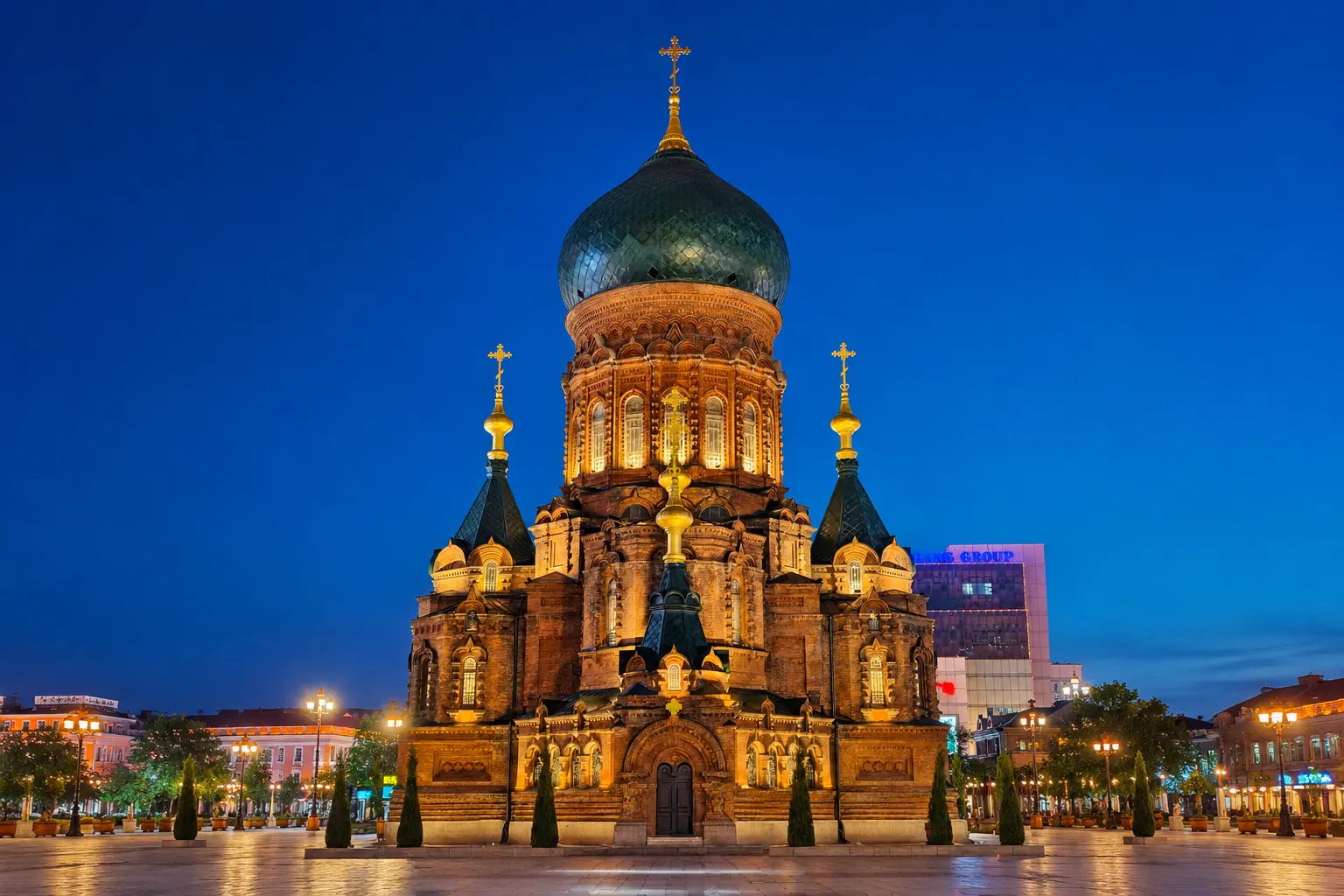 Harbin at night with illuminated winter scenery and city lights