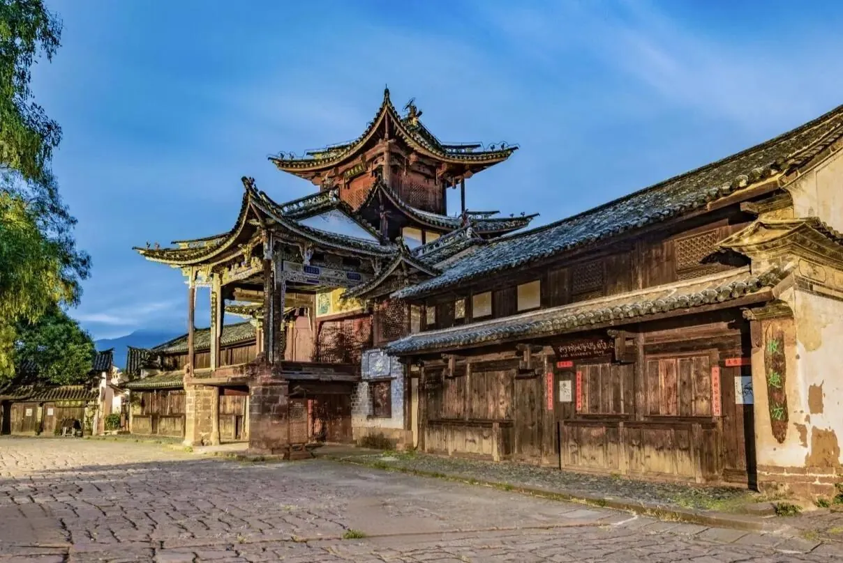 Historic wooden buildings and stone street in Shaxi Ancient Town, Yunnan