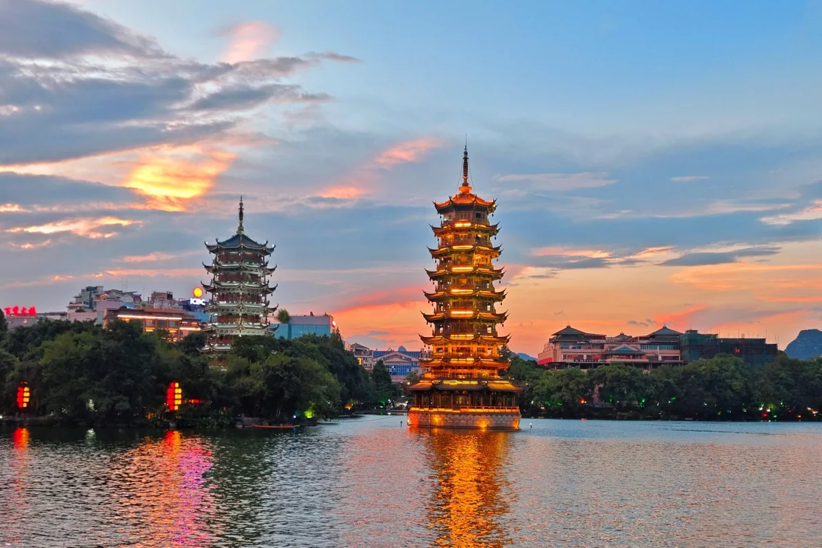 Sun and Moon Pagodas at sunset in central Guilin