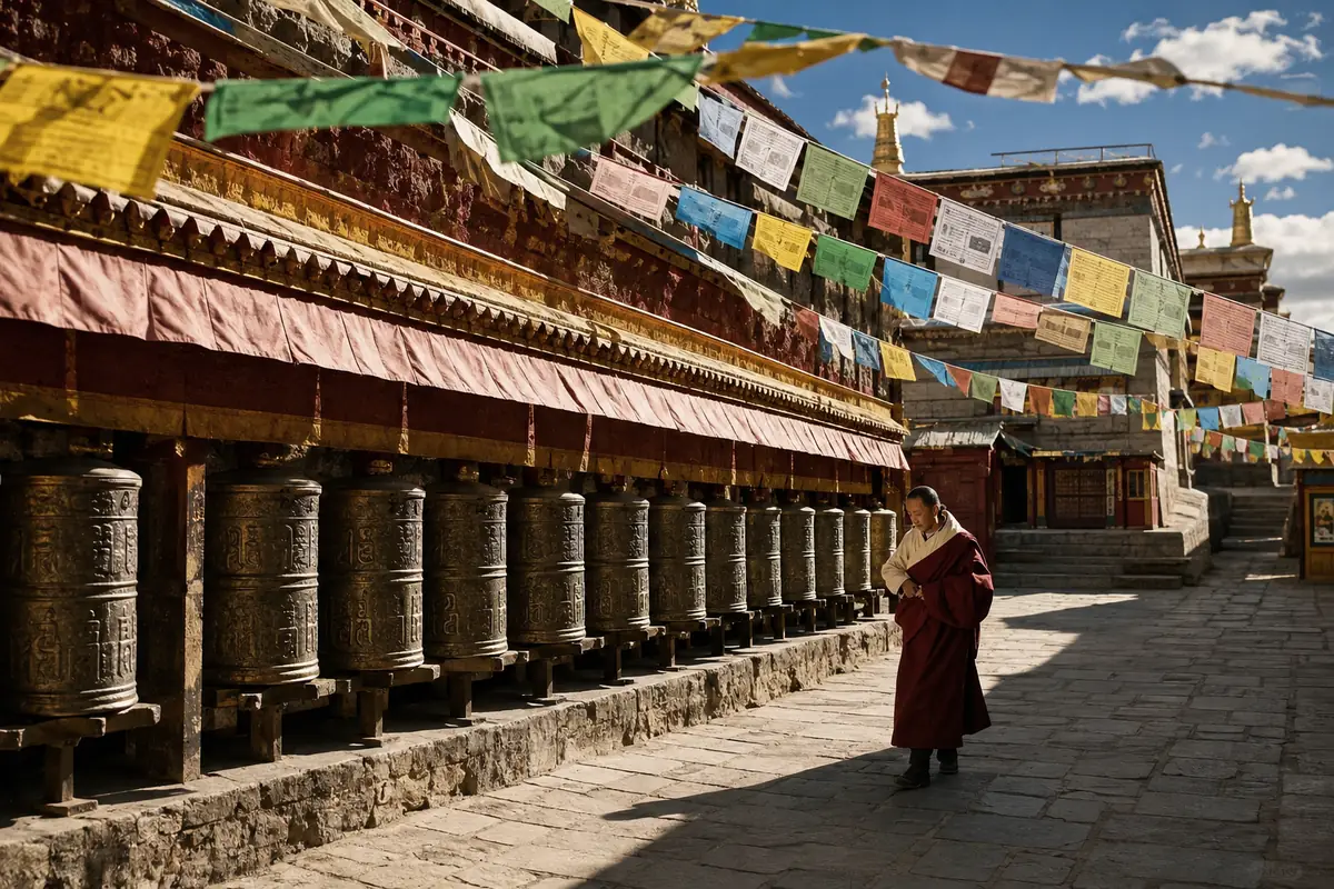 Visitors respectfully exploring a Tibetan sacred site