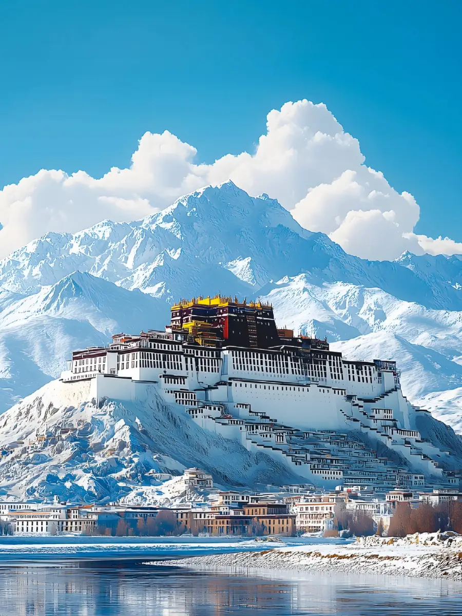 Winter landscape and snow-capped mountains in Tibet