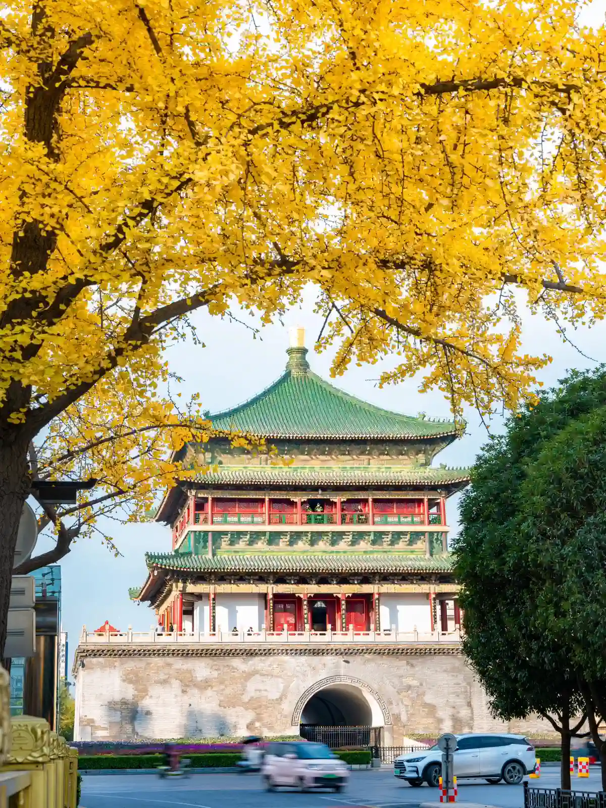 Xi'an Bell Tower surrounded by golden autumn foliage
