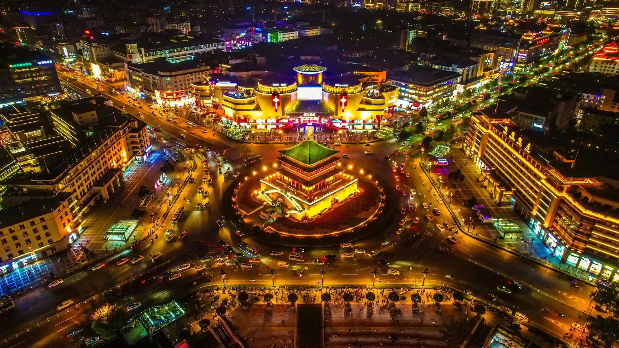 Xi'an Bell Tower and historic city center illuminated at night