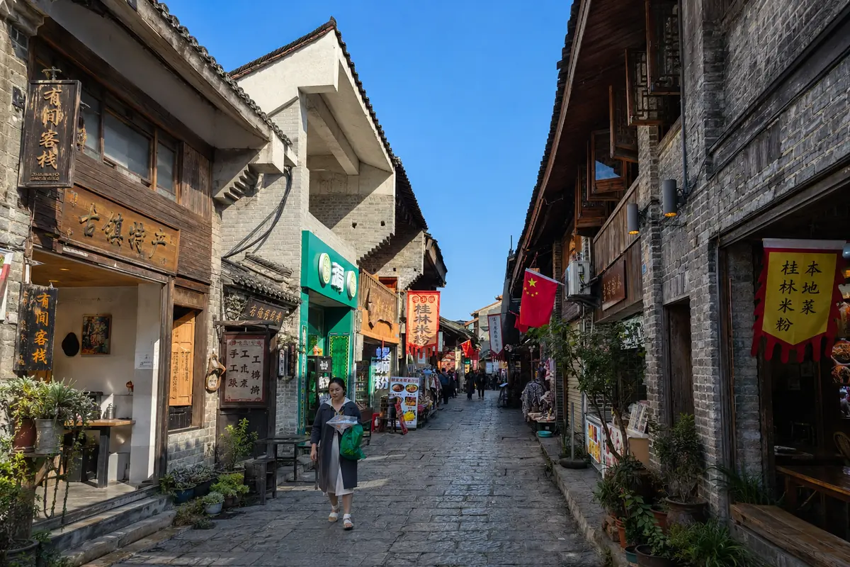 Xingping Ancient Town and Li River karst scenery near Guilin