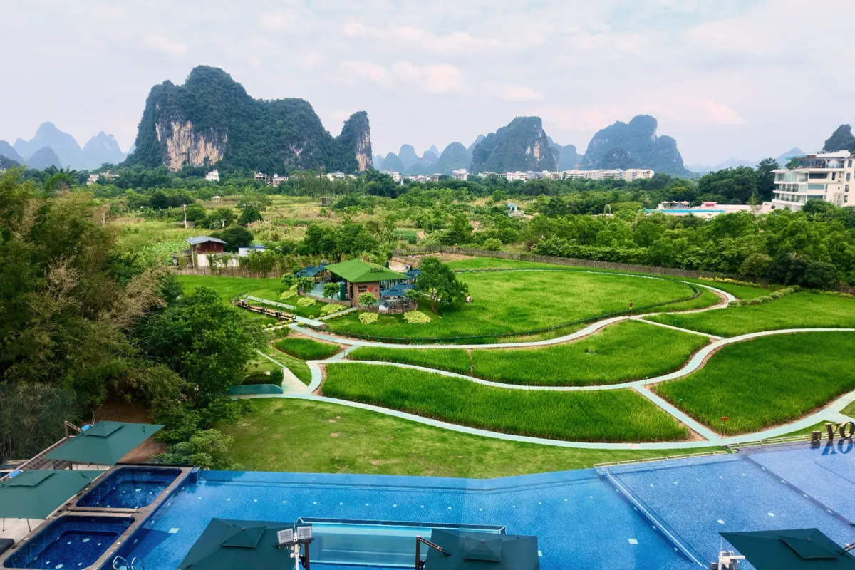 Mountain-view accommodation among karst peaks in Yangshuo