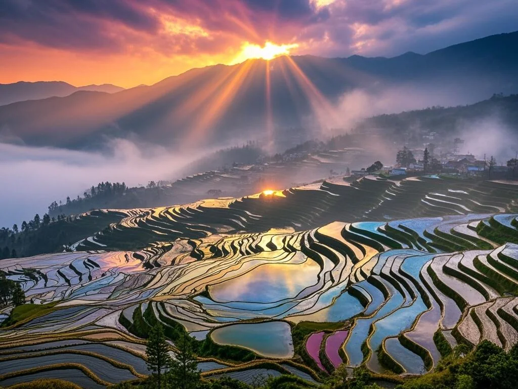 Water-filled Yuanyang Rice Terraces reflecting sunrise in southern Yunnan