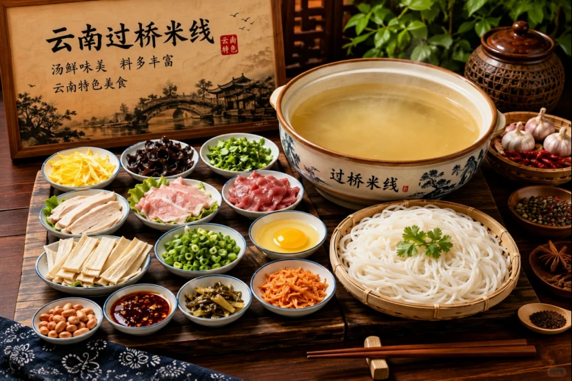 Yunnan crossing-the-bridge rice noodles served with broth and separate ingredients