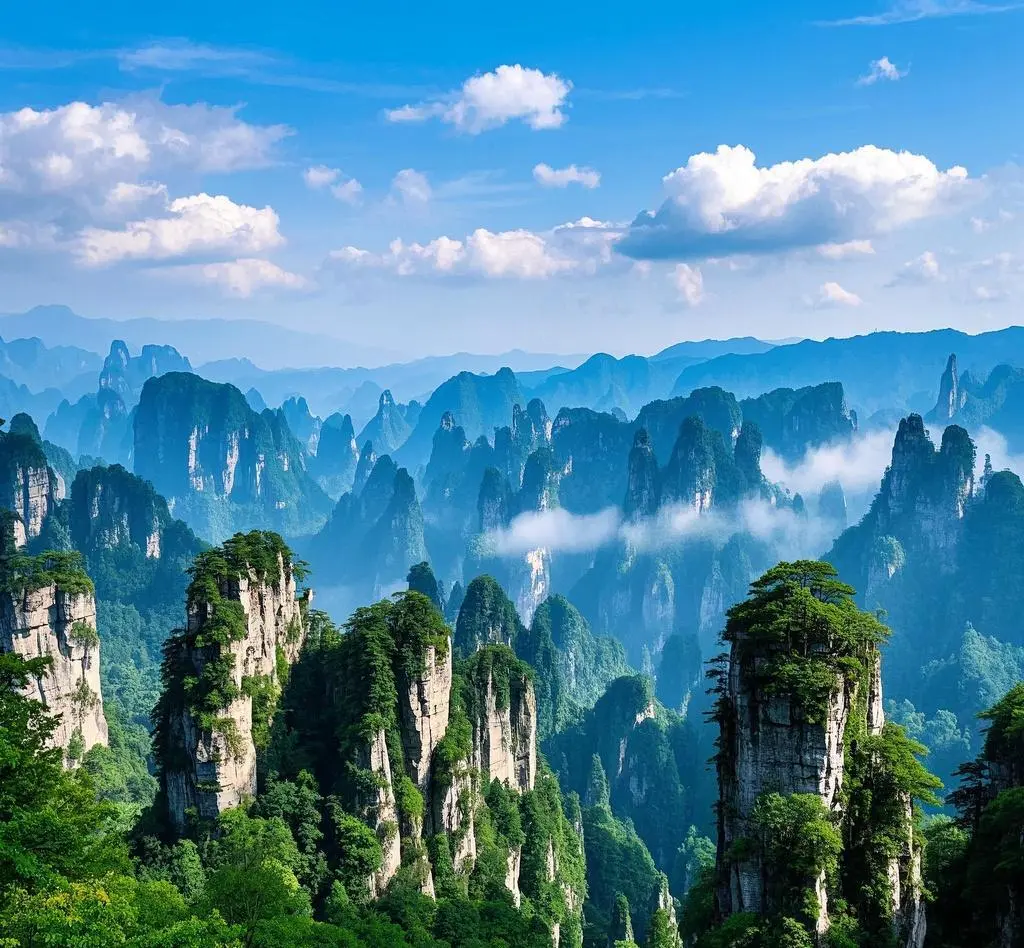 Green sandstone mountains in Zhangjiajie during spring