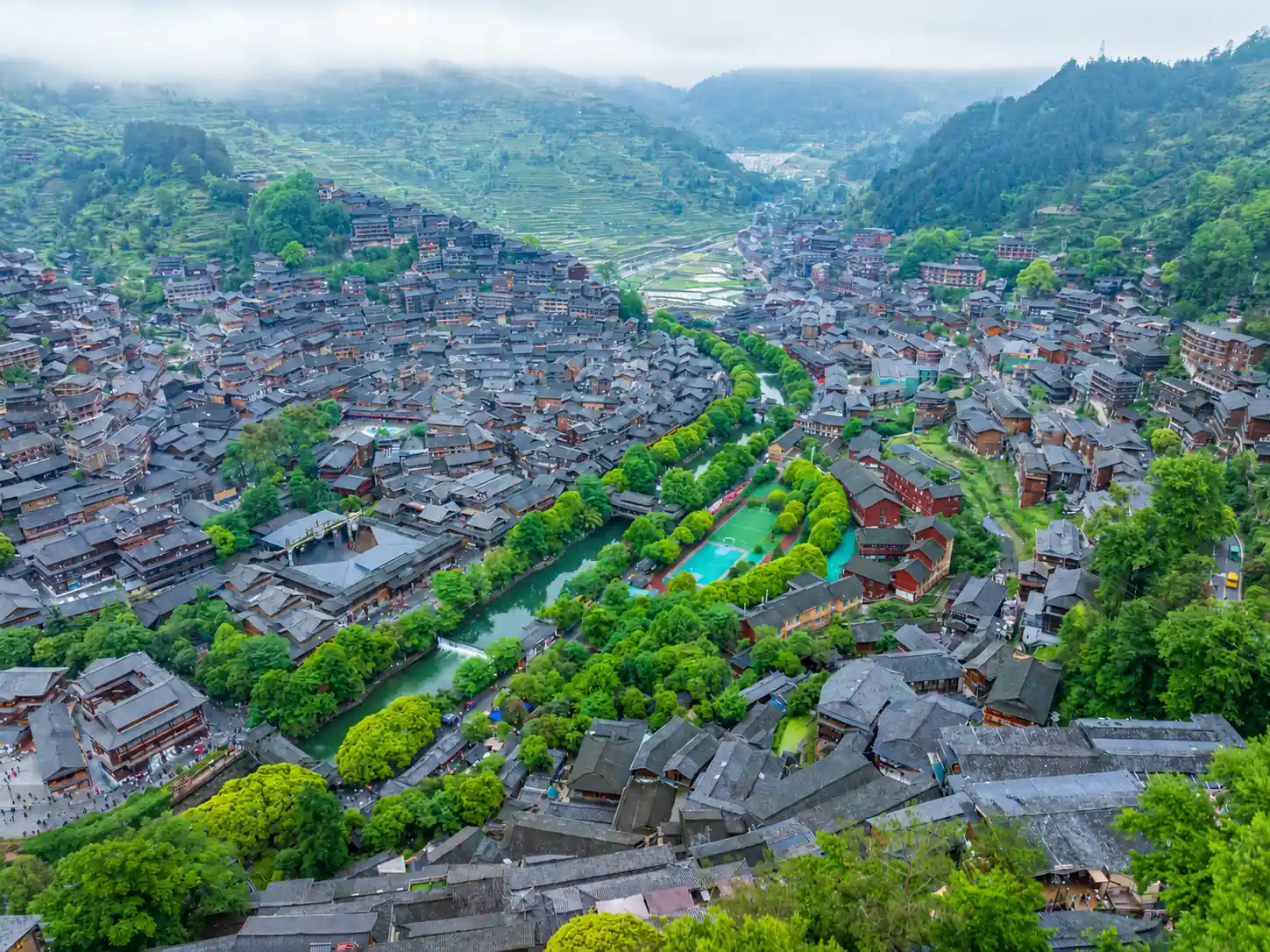 Panoramic view of Xijiang Qianhu Miao Village in Guizhou