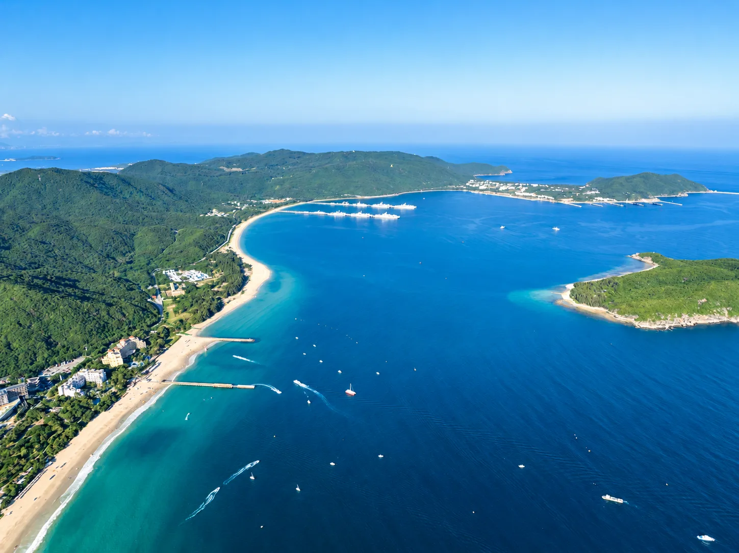 Aerial view of Sanya's tropical coastline in Hainan