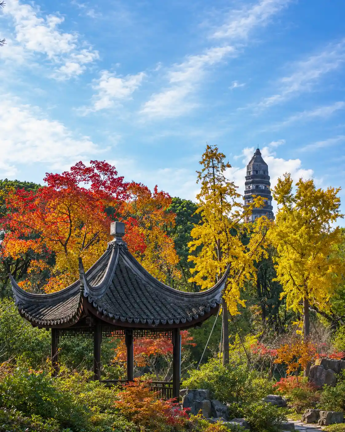 Autumn Chinese Garden Pavilion and Pagoda in SuZhou