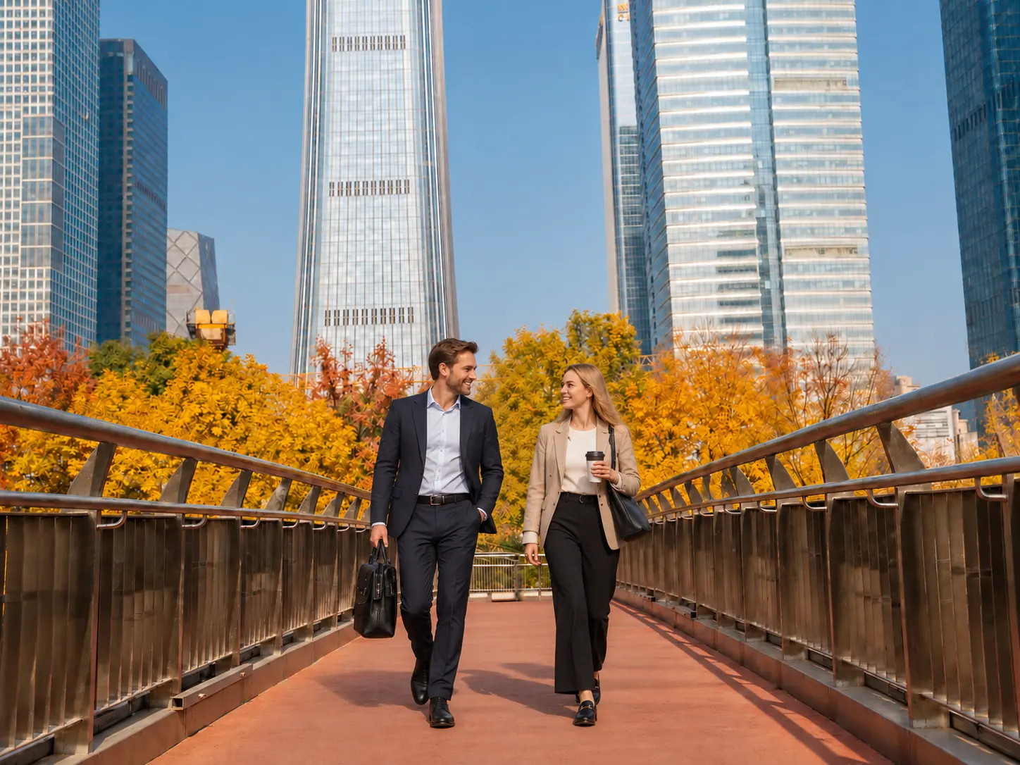 Business travelers in Shenzhen during mild autumn weather