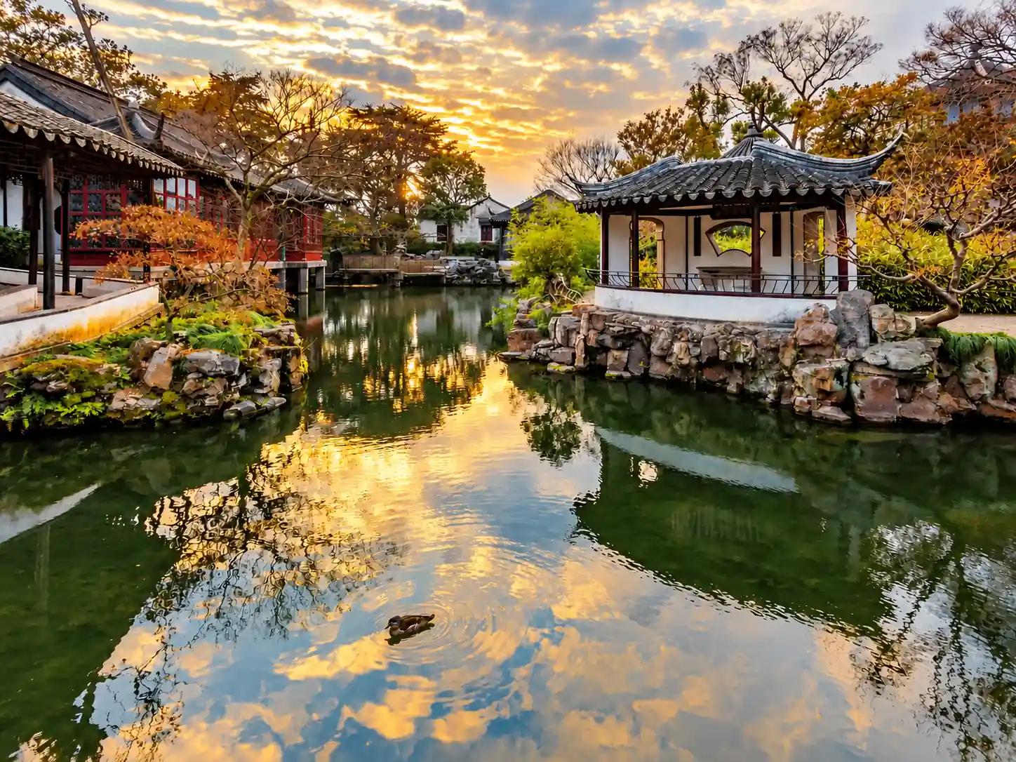 Classical Chinese Garden at Sunset