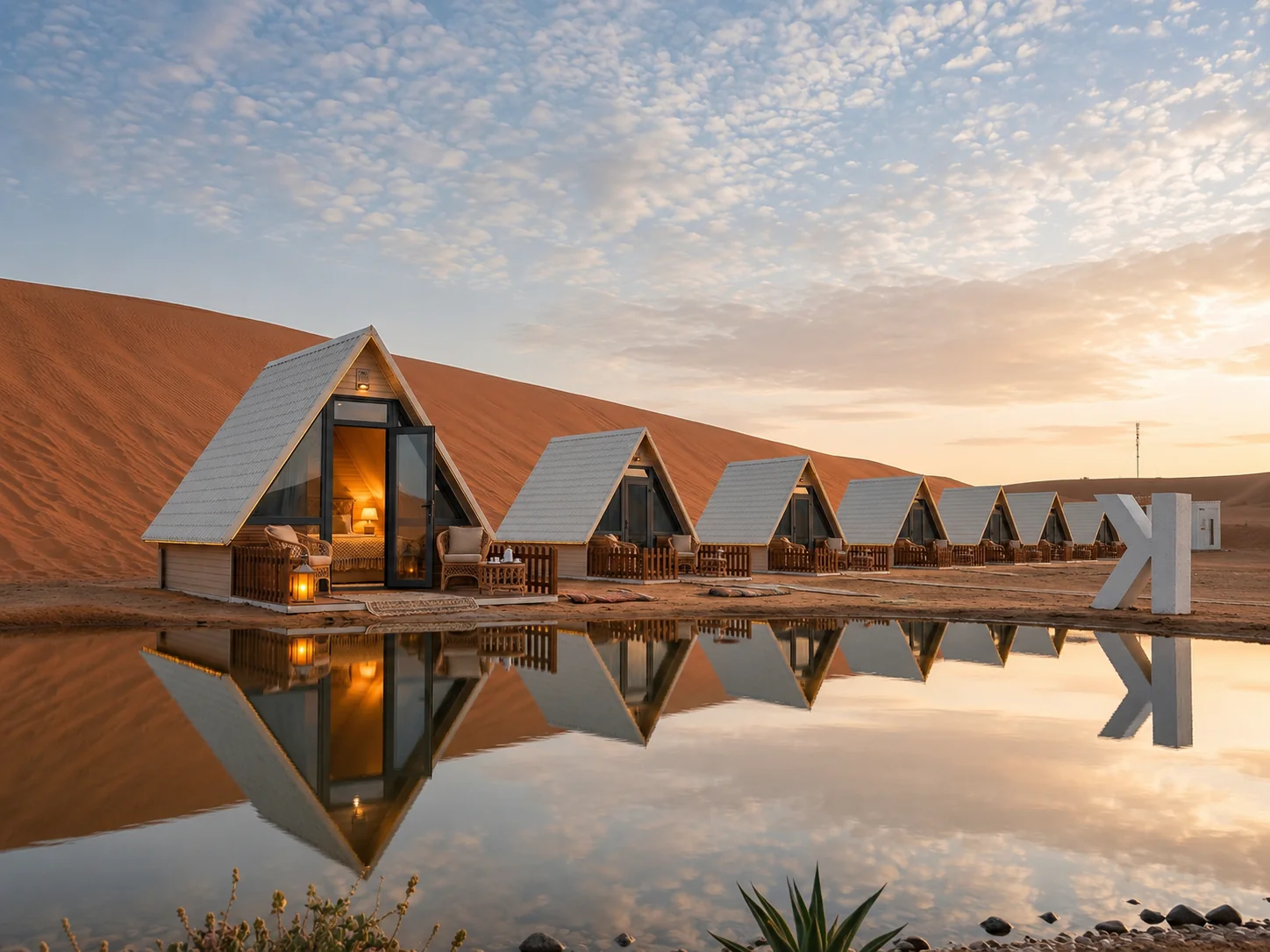 Desert cabins reflected in water near the Kubuqi Desert in Inner Mongolia