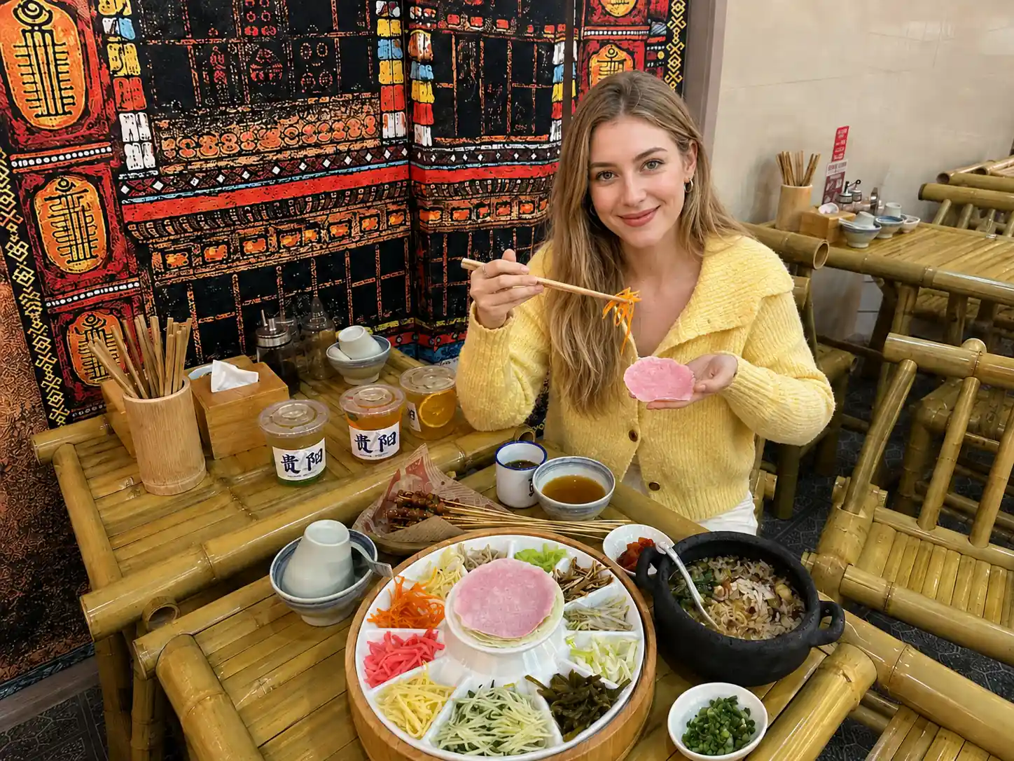 Travelers tasting Siwawa vegetable rolls in Guizhou