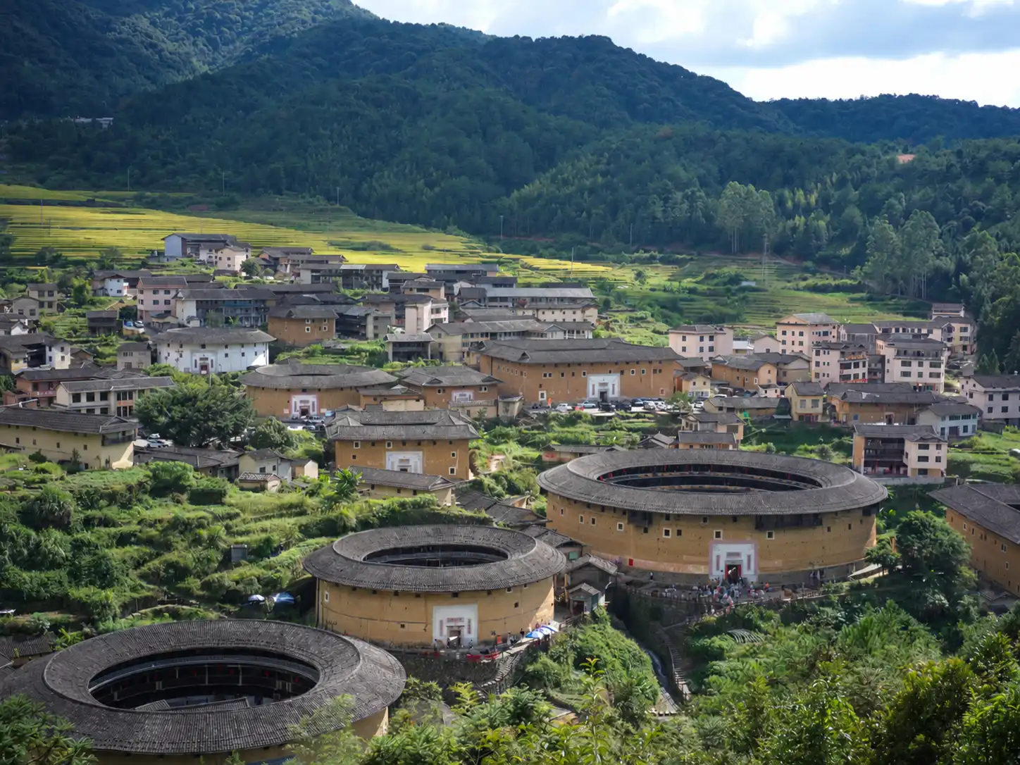 Traditional Fujian Tulou earthen buildings in a mountain village