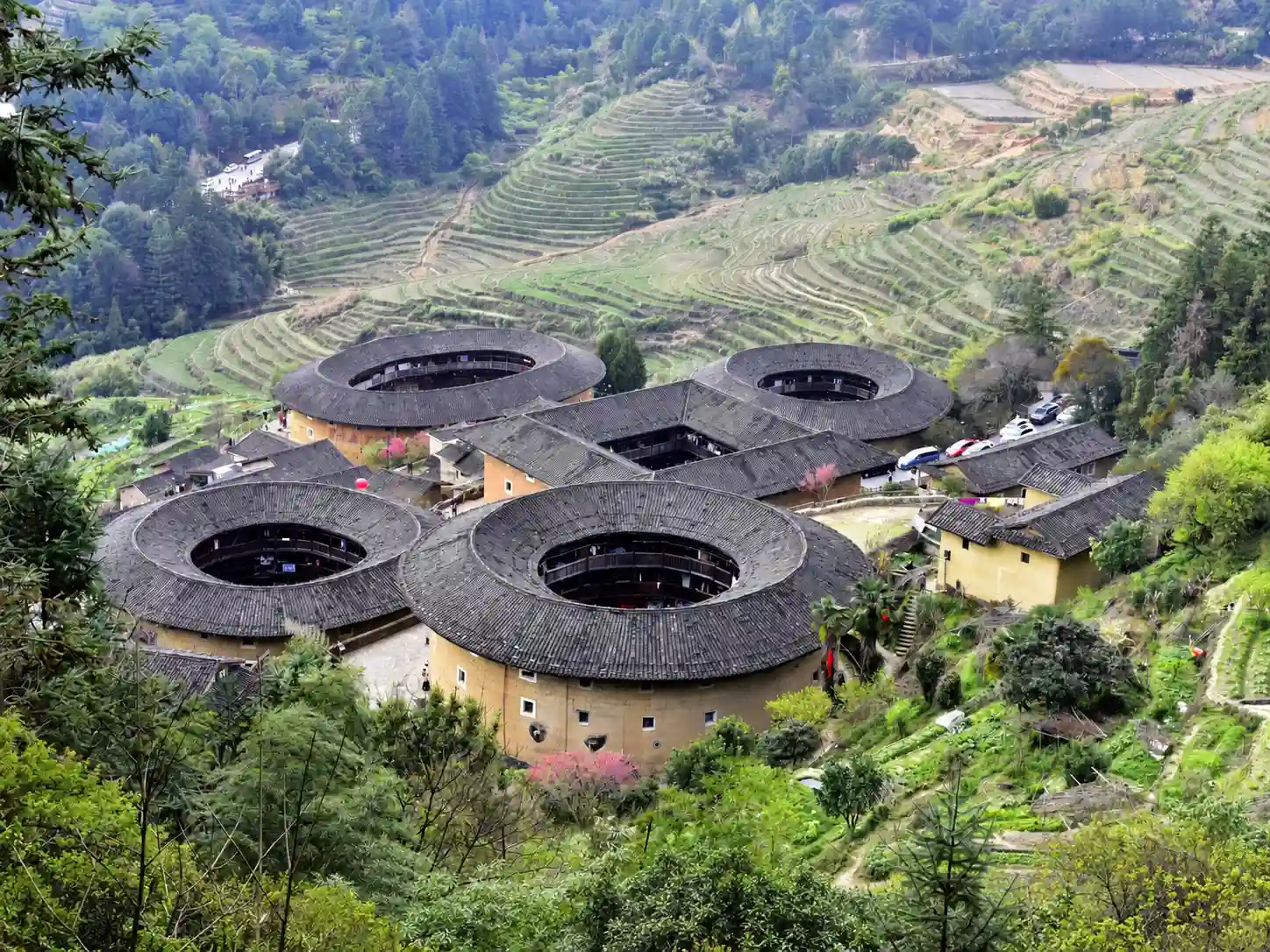 Fujian Tulou earthen buildings surrounded by terraced fields