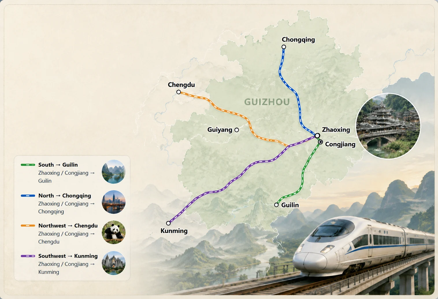 Guizhou high-speed railway map showing onward travel directions