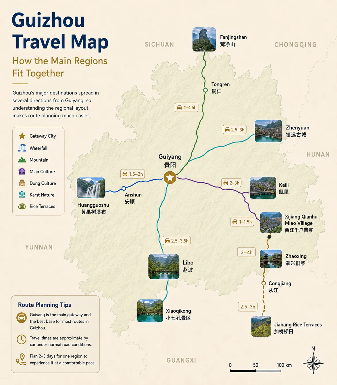 Guizhou travel map showing Guiyang, Huangguoshu, Xijiang, Zhaoxing, Libo, Zhenyuan and Fanjingshan