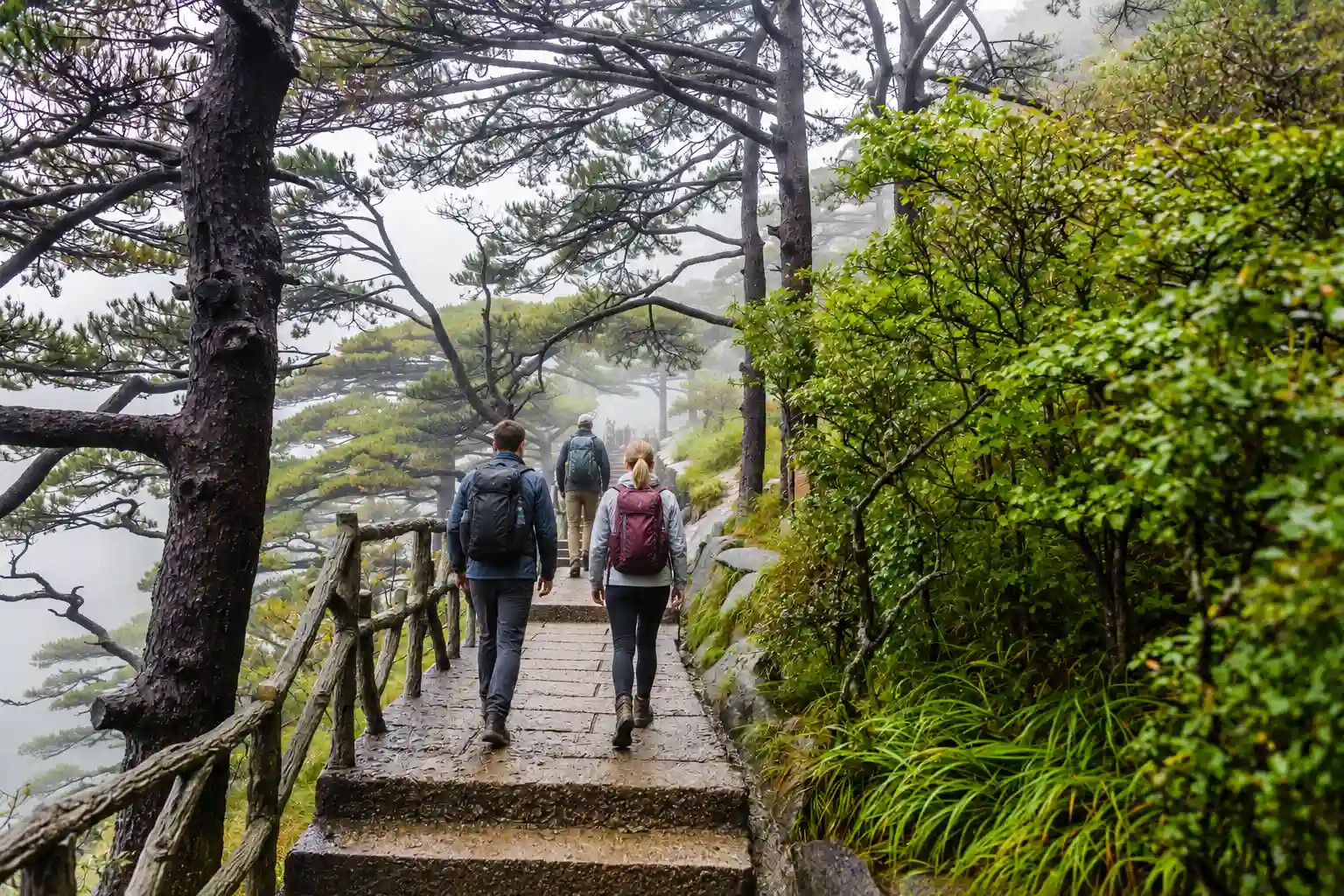 Hiking a misty mountain trail on Mount Huangshan