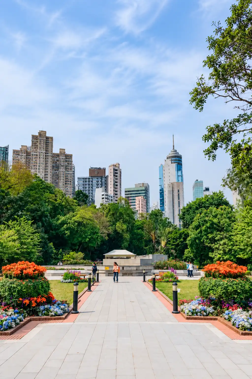 Hong Kong city park and skyline in spring