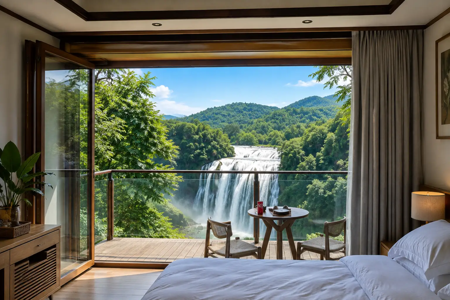 Hotel room with a waterfall view near Huangguoshu in Guizhou