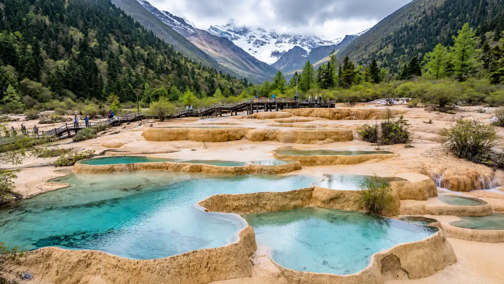 Colorful travertine pools in Huanglong Scenic Area, Sichuan