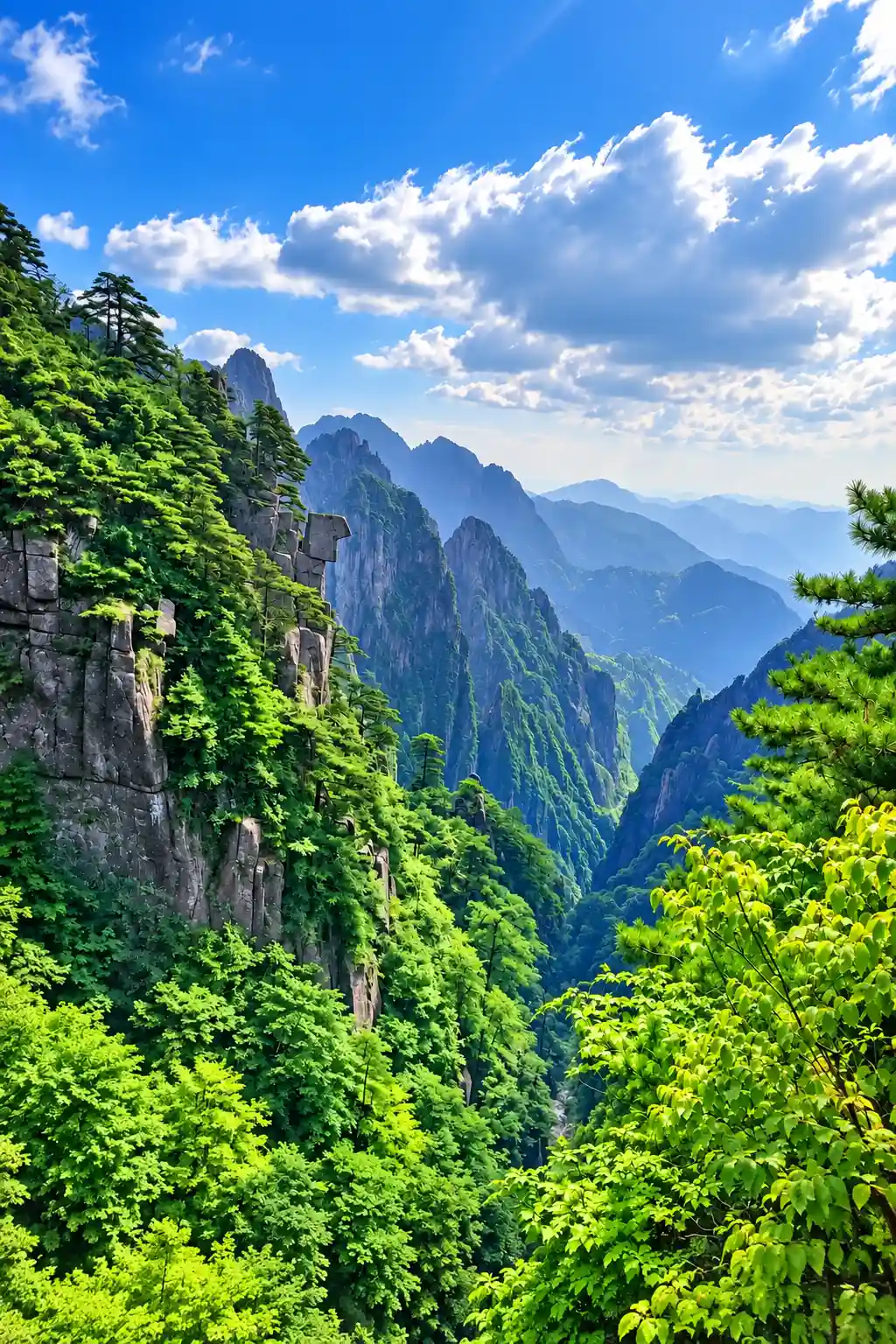 Green mountain scenery and mist on Mount Huangshan in summer
