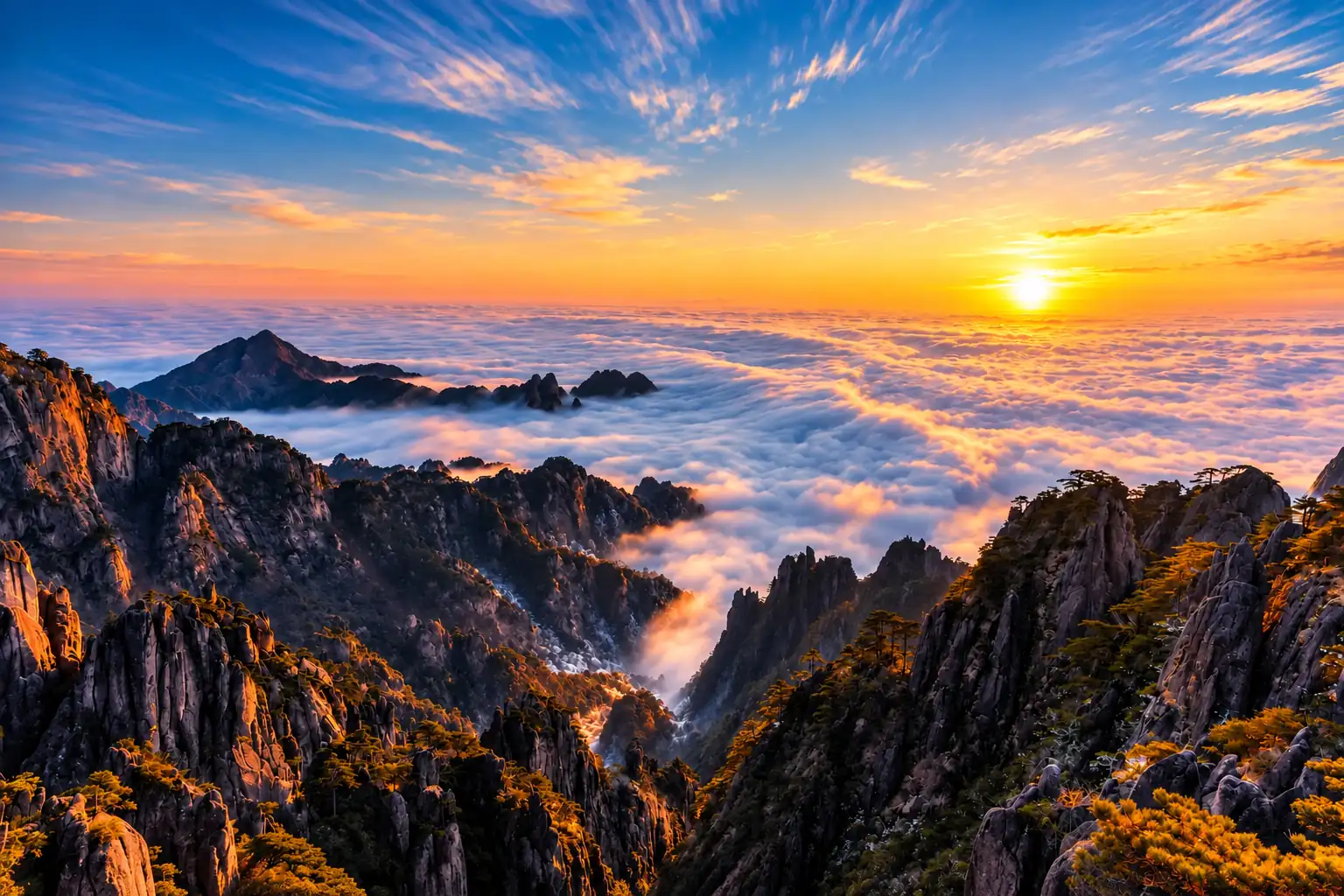 Sunrise above a sea of clouds at Huangshan Mountain