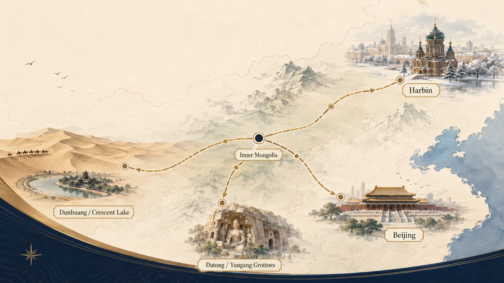 Inner Mongolia travel route map showing connections from central, eastern and western Inner Mongolia to Beijing, Shanxi, Heilongjiang and Gansu