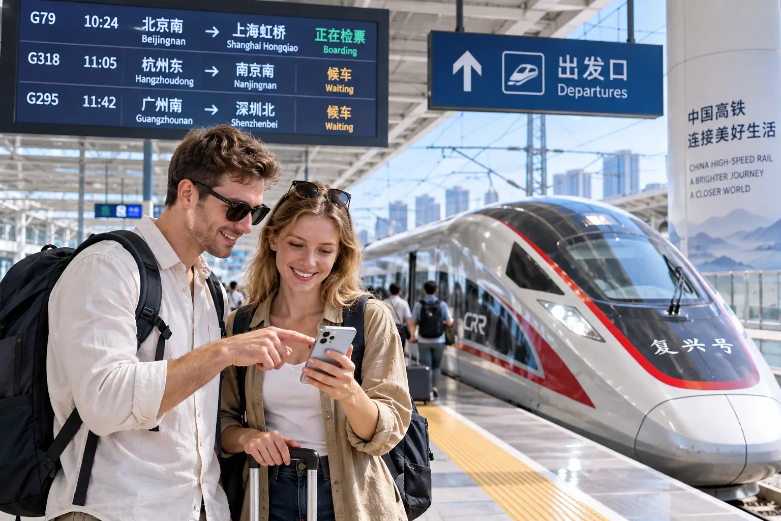 International passengers using electronic tickets at a China high-speed railway platform