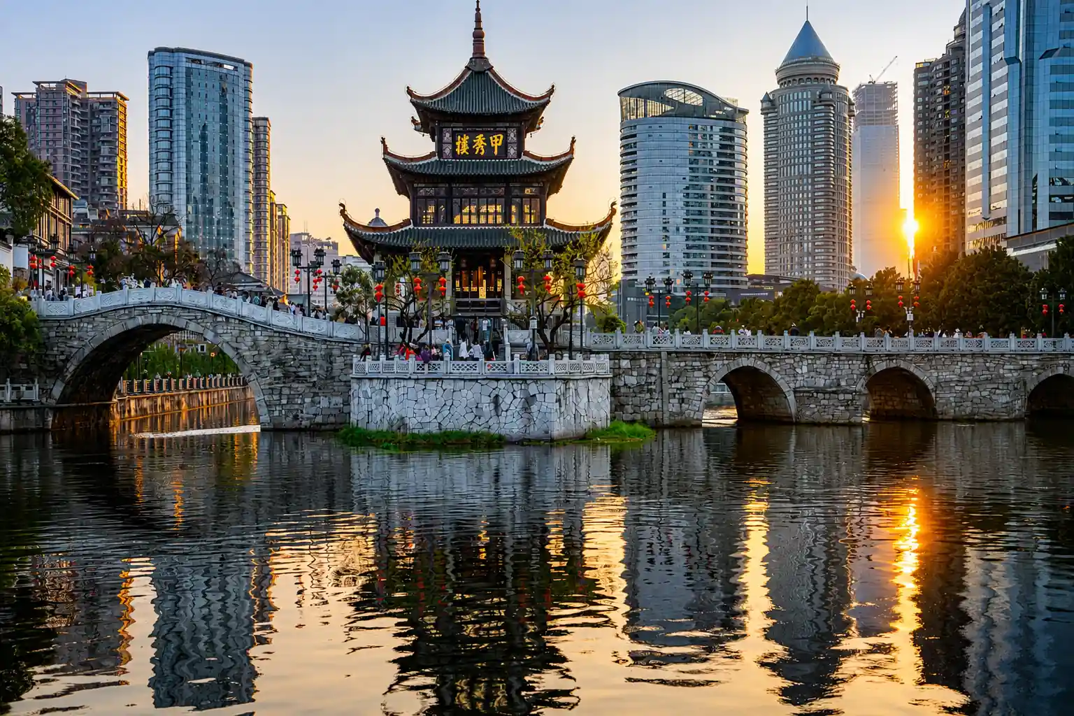 Jiaxiu Tower and the modern Guiyang skyline in Guizhou